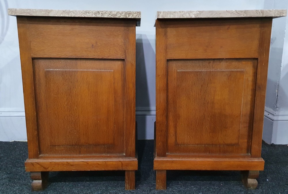 Pair of Oak French Marble Topped Bedside Cabinets Early 1900s View IV