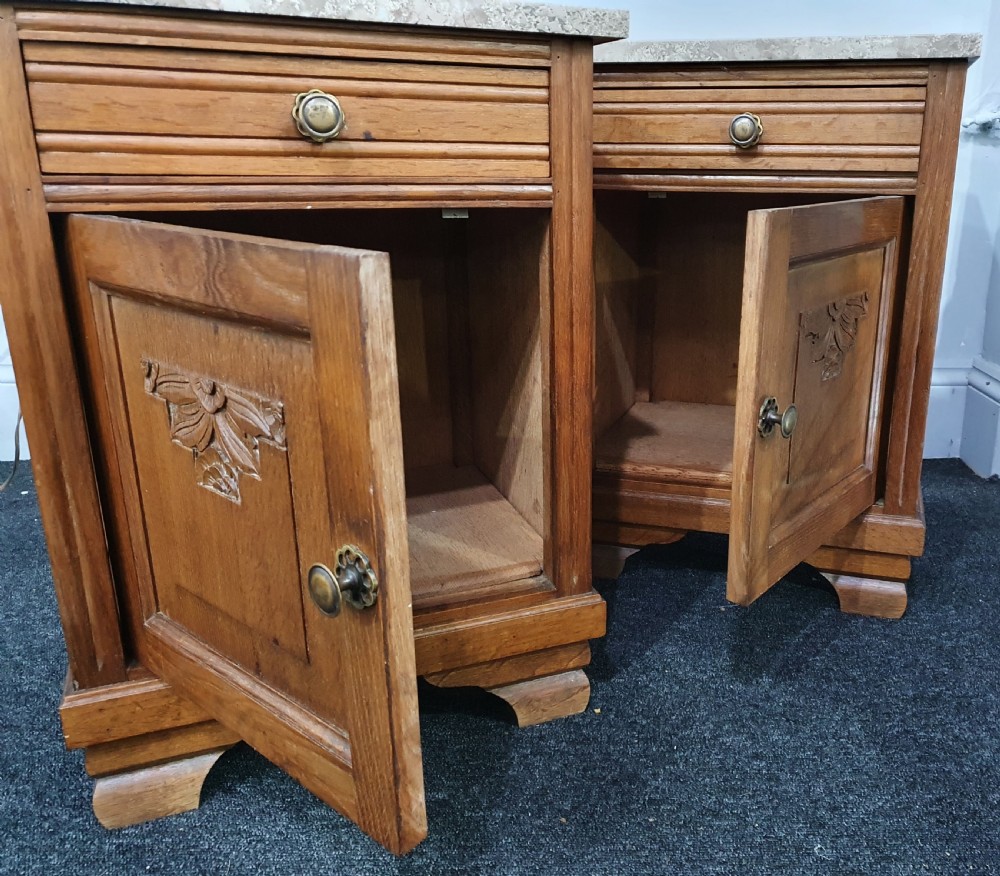 Pair of Oak French Marble Topped Bedside Cabinets Early 1900s View VI