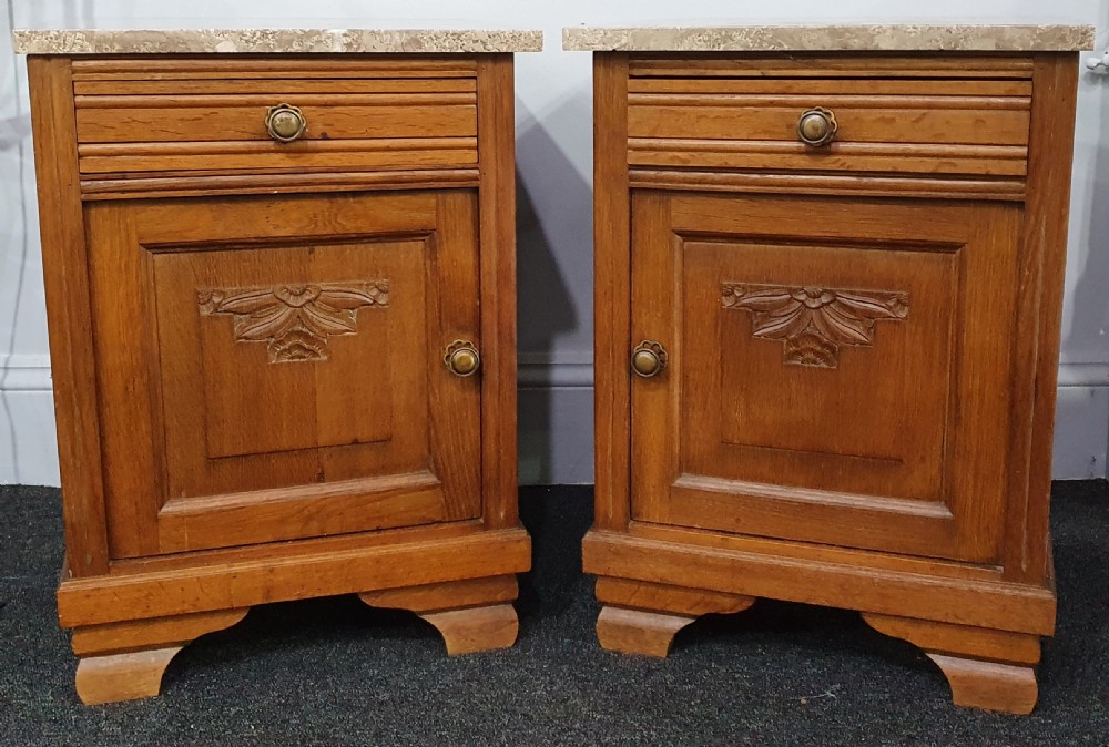 Pair of Oak French Marble Topped Bedside Cabinets Early 1900s