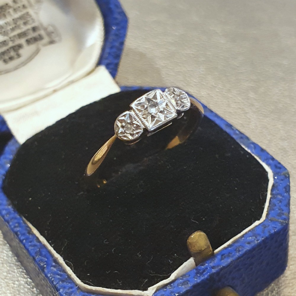 Art Deco 1920s-30s Geometric Palladium Set Diamonds & 9ct Gold Ring - Size N