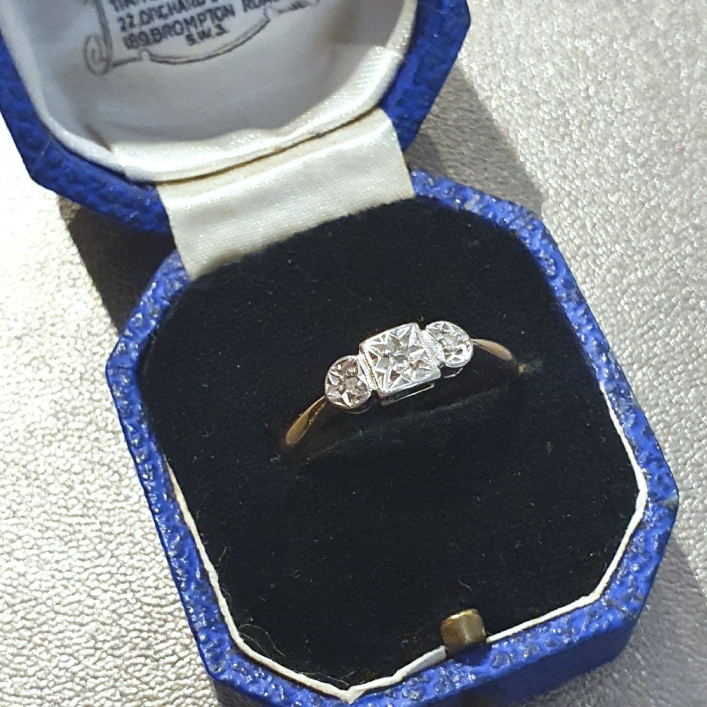Art Deco 1920s-30s Geometric Palladium Set Diamonds & 9ct Gold Ring - Size N View X
