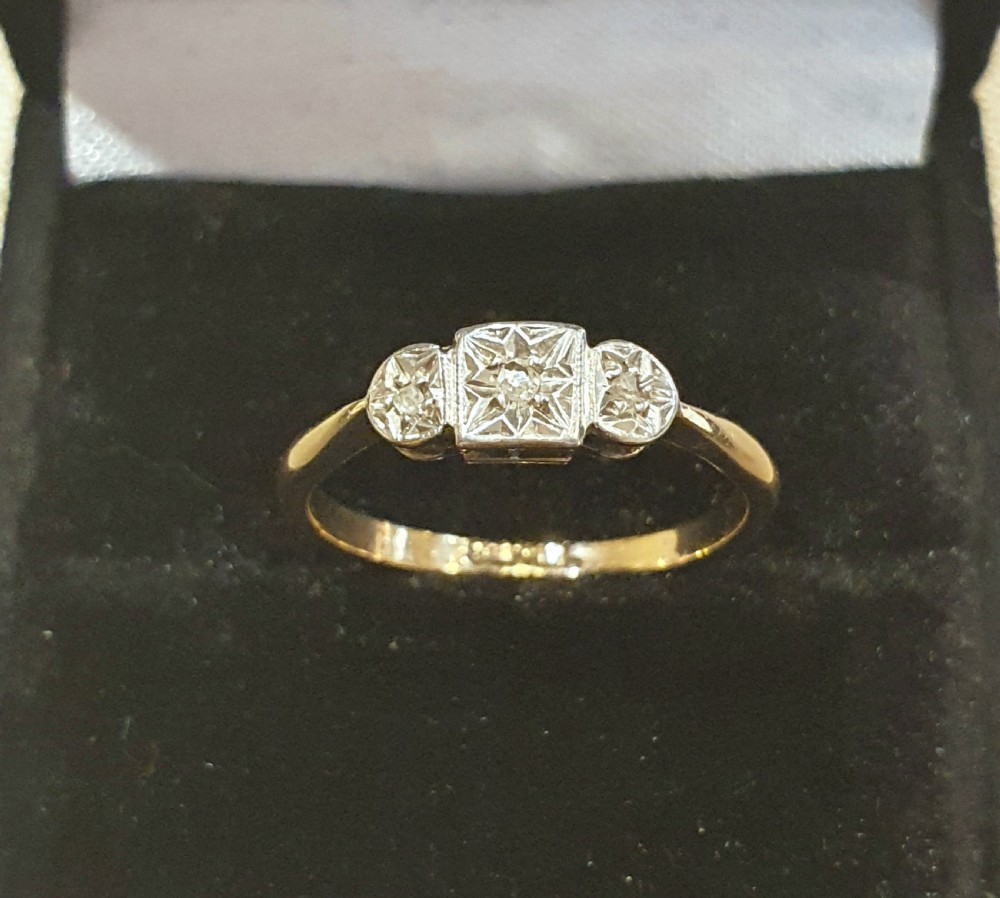 Art Deco 1920s-30s Geometric Palladium Set Diamonds & 9ct Gold Ring - Size N View XIV