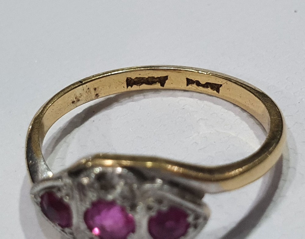 Edwardian - Art Deco Platinum Set Ruby & Diamond 18ct Gold Trilogy - Size K View X