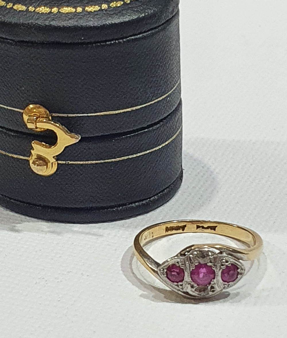 Edwardian - Art Deco Platinum Set Ruby & Diamond 18ct Gold Trilogy - Size K View XI