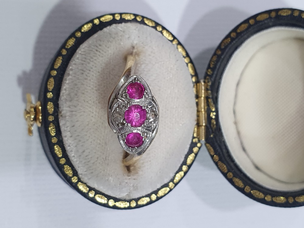 Edwardian - Art Deco Platinum Set Ruby & Diamond 18ct Gold Trilogy - Size K View XII
