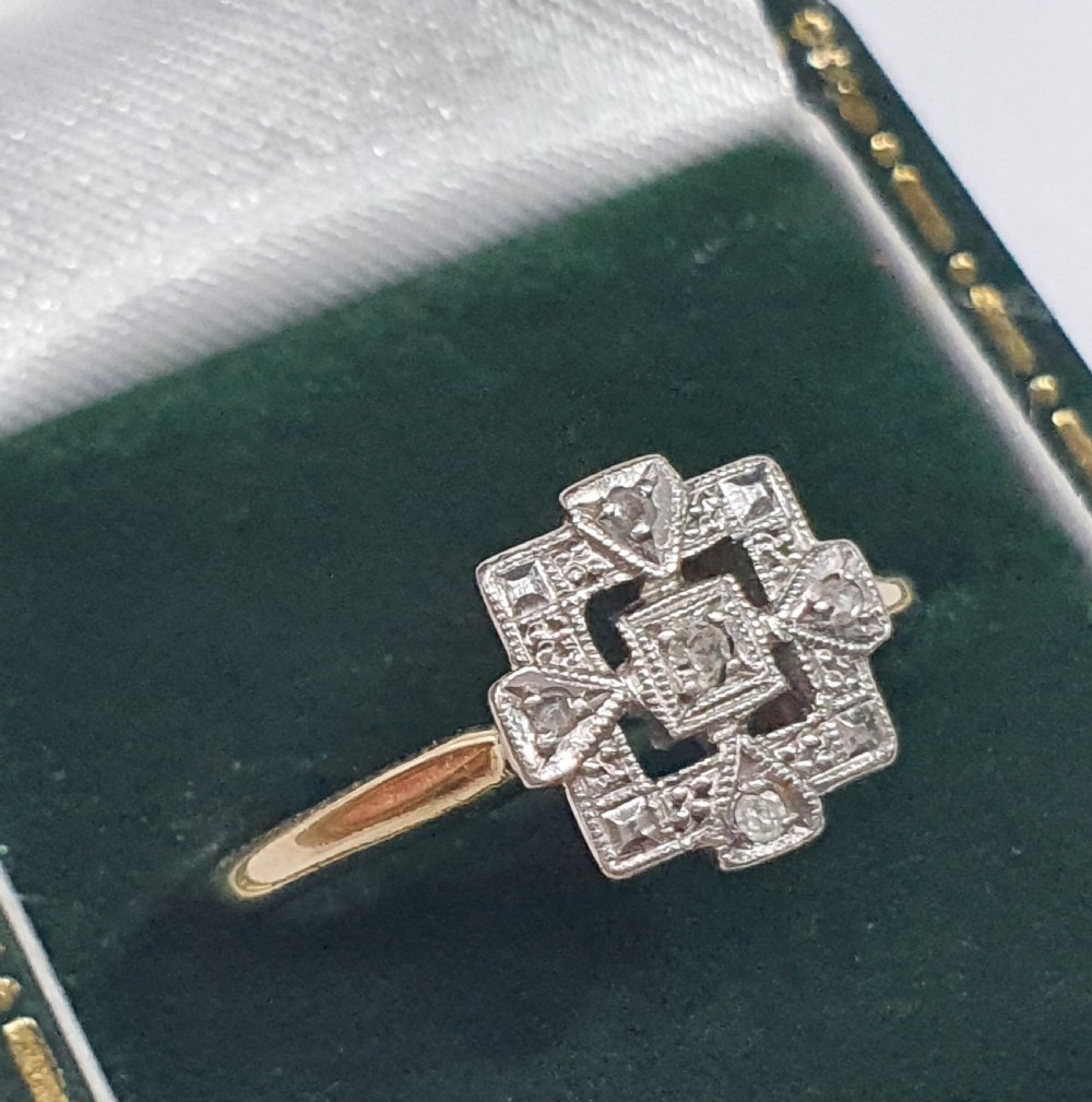 Rare Art Deco Platinum Set Diamond 9ct Gold Ring- Size M½ View IV