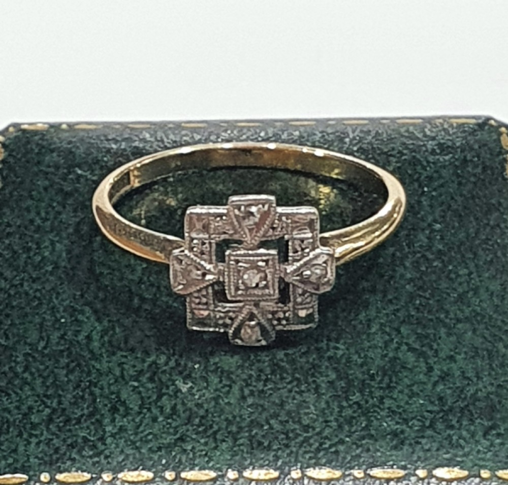 Rare Art Deco Platinum Set Diamond 9ct Gold Ring- Size M½ View X
