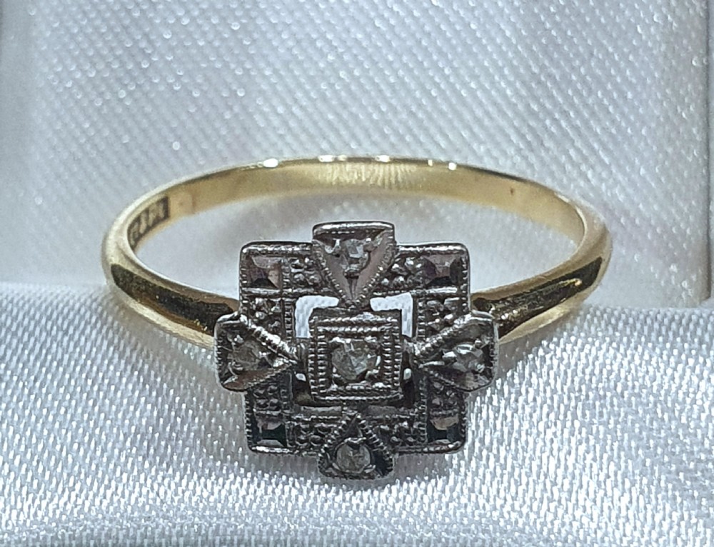 Rare Art Deco Platinum Set Diamond 9ct Gold Ring- Size M½ View XI
