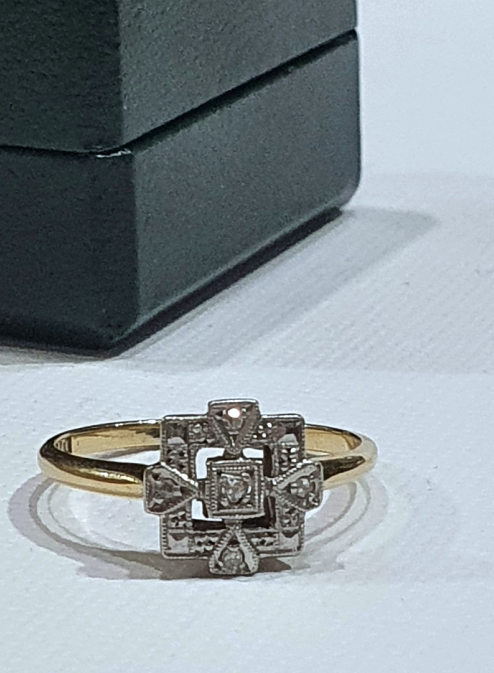 Rare Art Deco Platinum Set Diamond 9ct Gold Ring- Size M½ View XII
