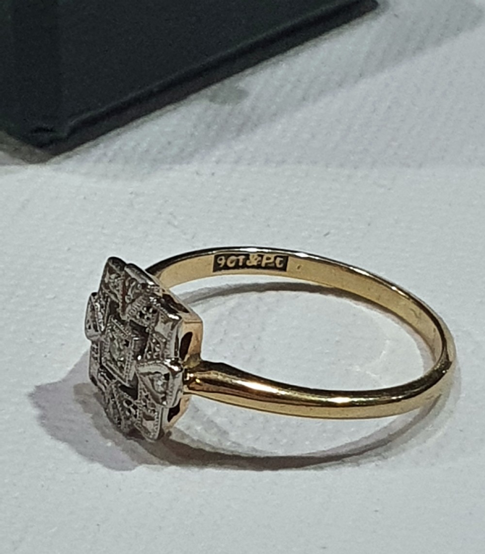 Rare Art Deco Platinum Set Diamond 9ct Gold Ring- Size M½ View XV