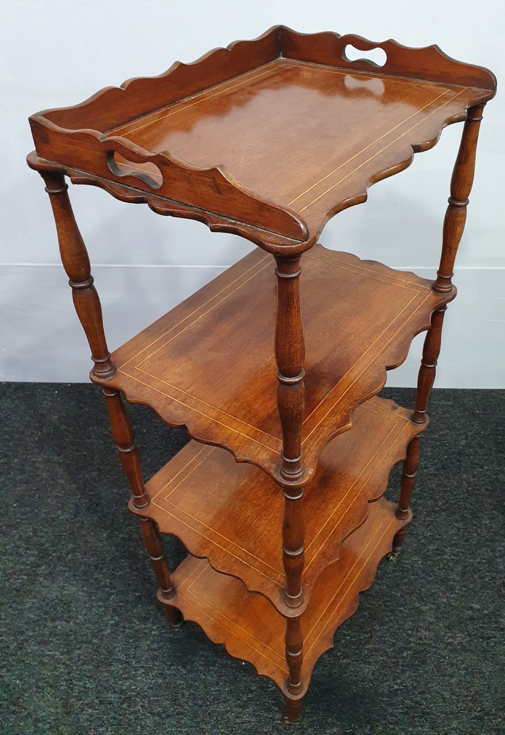 Edwardian Mahogany Whatnot, Inlaid and with Original Casters View V