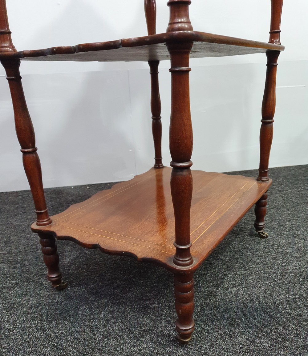 Edwardian Mahogany Whatnot, Inlaid and with Original Casters View VI