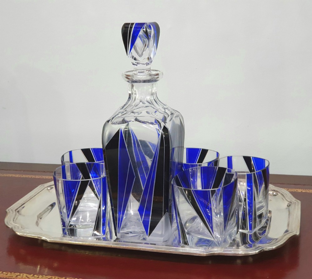 Karl Palda Orginal Bohemian Art Deco Decanter Set & Six Drinking Glasses c.1930 View III