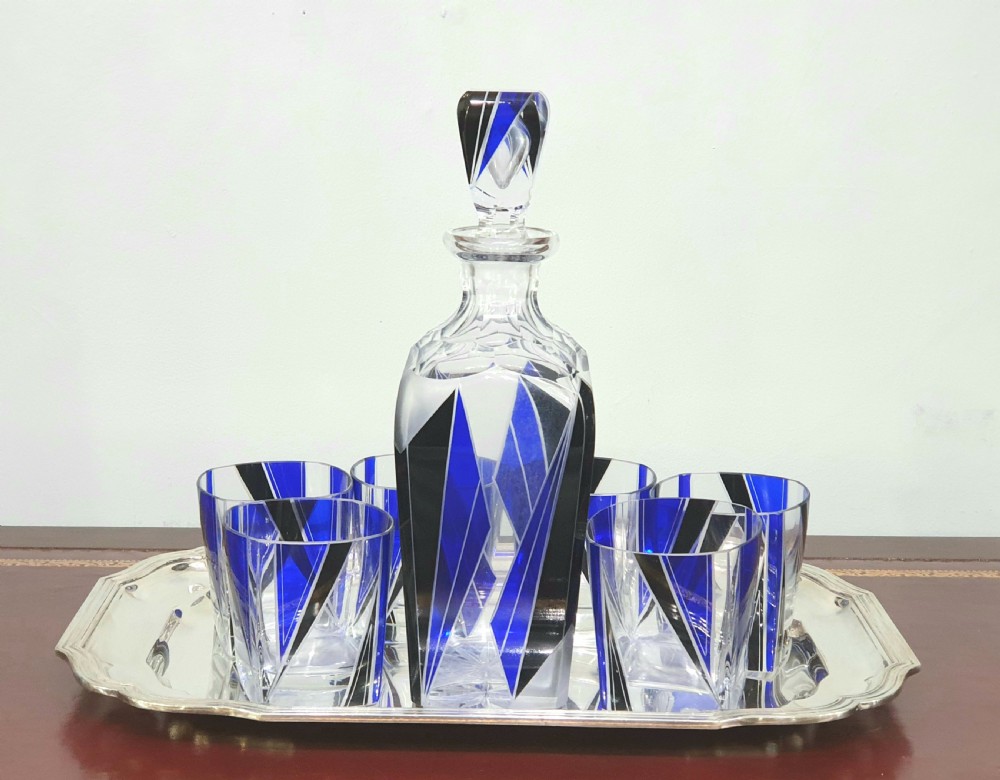 Karl Palda Orginal Bohemian Art Deco Decanter Set & Six Drinking Glasses c.1930