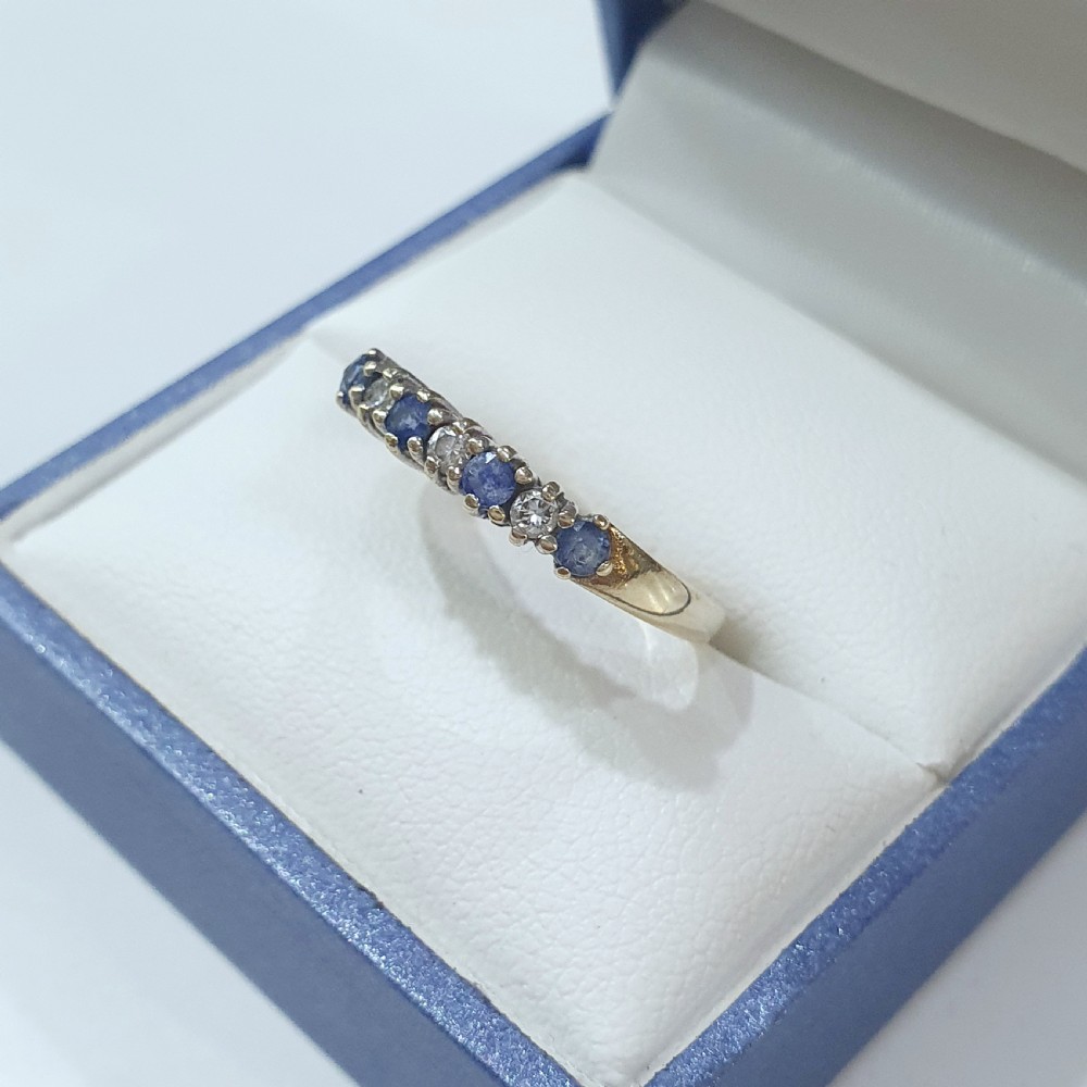 Vintage Ceylon Sapphire & Diamond 9ct Half Eternity Ring - Size M View III