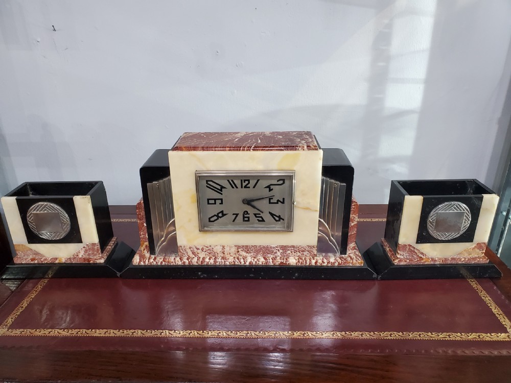 French Art Deco Marble Mantle Clock with Garnitures c1930
