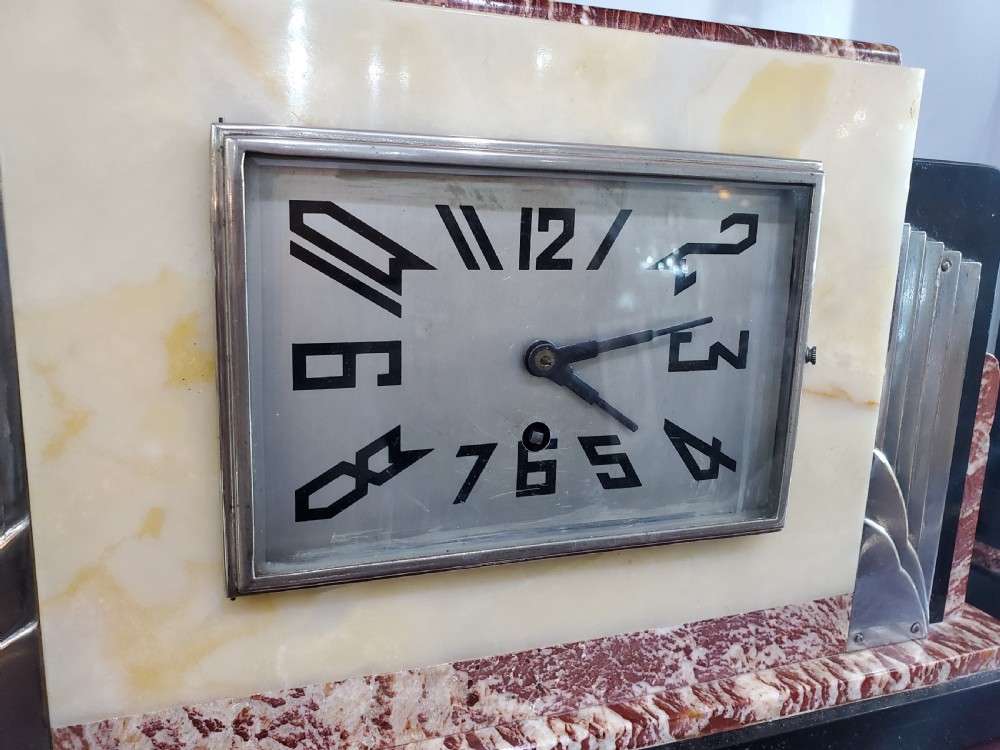 French Art Deco Marble Mantle Clock with Garnitures c1930 View VI