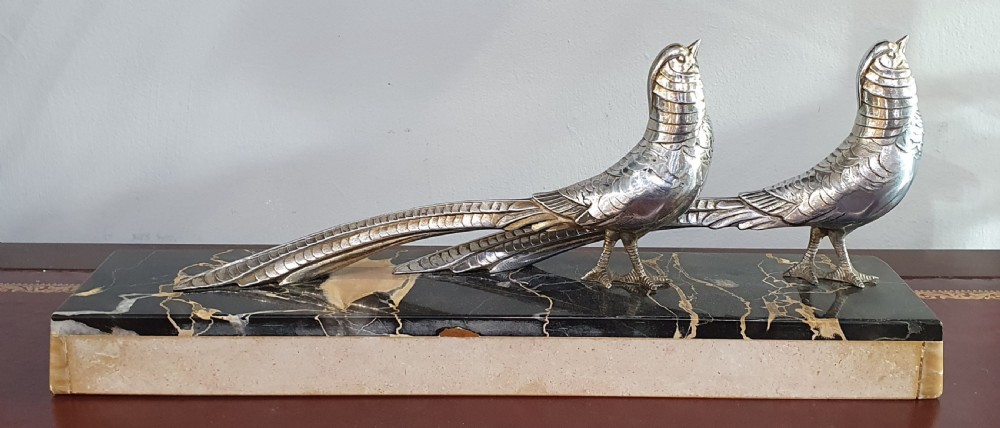 Pair of Pheasants, Art Deco Sculpture, Mounted on Marble Plinth c.1930 View III