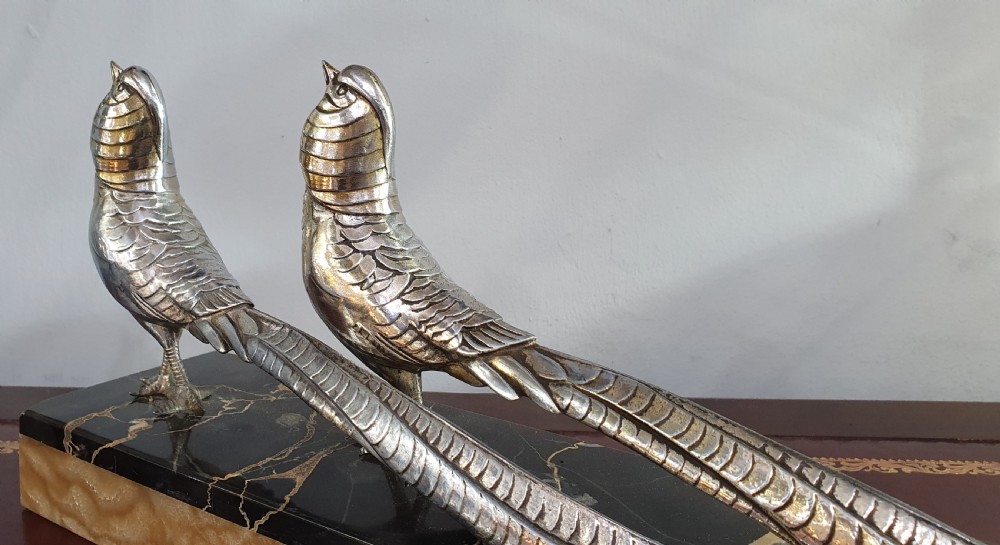 Pair of Pheasants, Art Deco Sculpture, Mounted on Marble Plinth c.1930 View IV