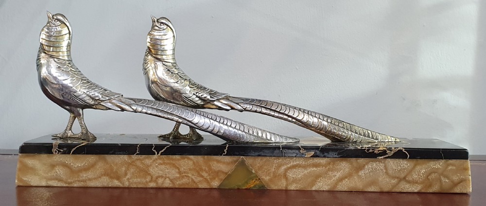 Pair of Pheasants, Art Deco Sculpture, Mounted on Marble Plinth c.1930