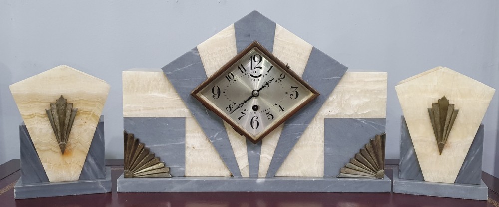 French Art Deco Marble Mantle Clock with Garnitures c.1920