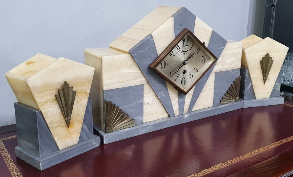 French Art Deco Marble Mantle Clock with Garnitures c.1920 View III