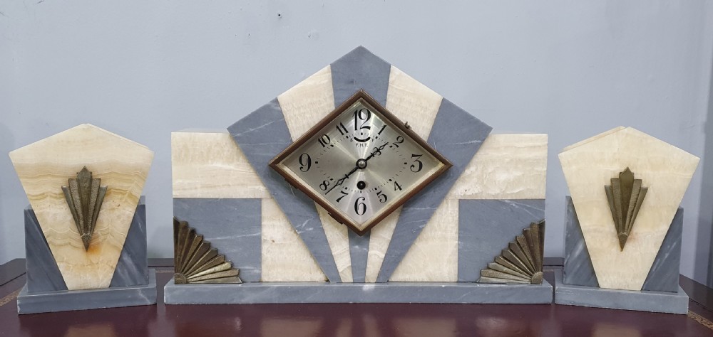French Art Deco Marble Mantle Clock with Garnitures c.1920 View VI