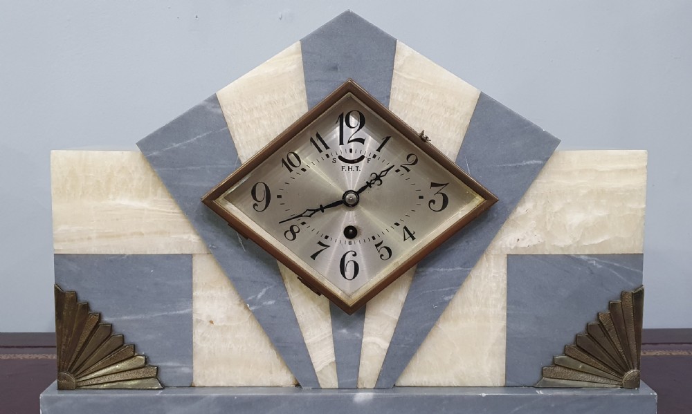 French Art Deco Marble Mantle Clock with Garnitures c.1920 View VII
