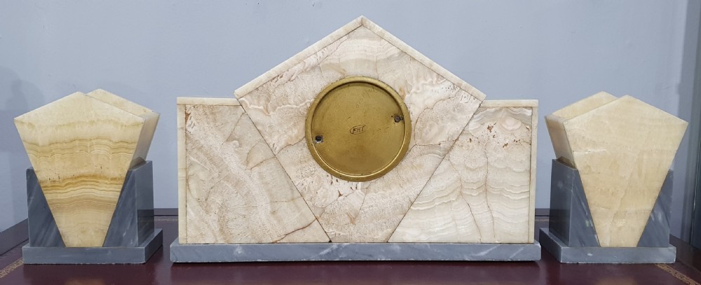 French Art Deco Marble Mantle Clock with Garnitures c.1920 View VIII