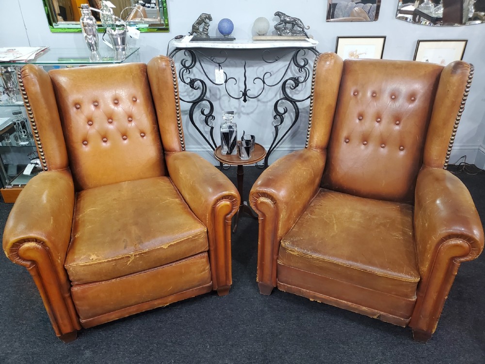Pair of French Art Deco Wing Back Leather Club Chairs c1920