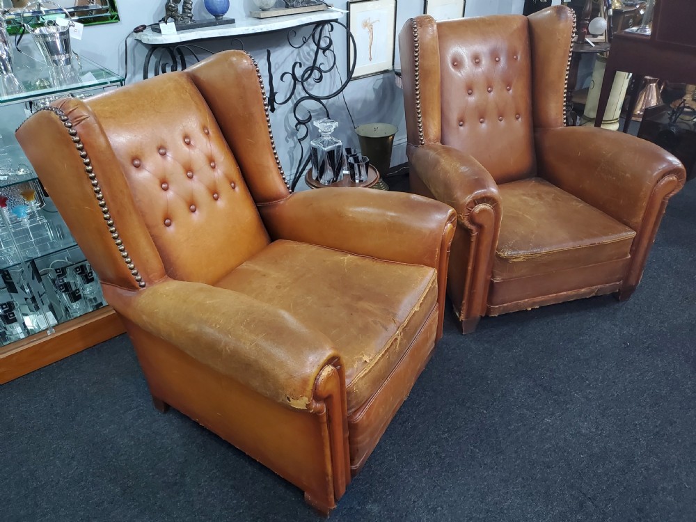 Pair of French Art Deco Wing Back Leather Club Chairs c1920 View II