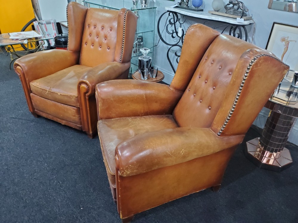 Pair of French Art Deco Wing Back Leather Club Chairs c1920 View VII