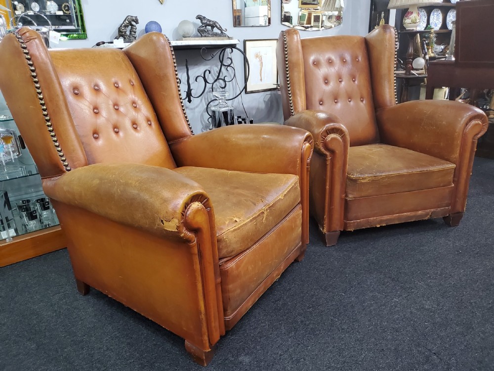 Pair of French Art Deco Wing Back Leather Club Chairs c1920 View X