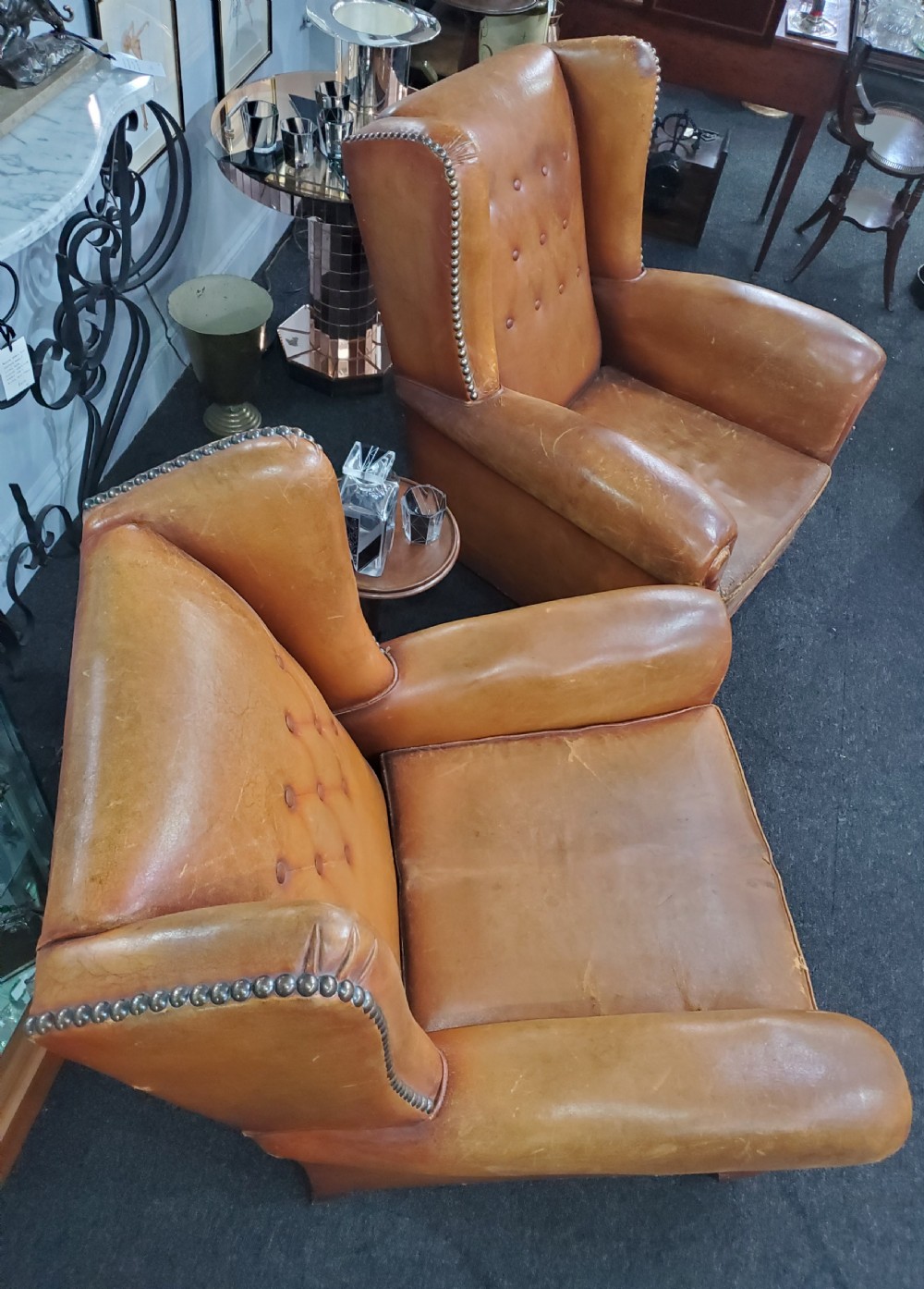 Pair of French Art Deco Wing Back Leather Club Chairs c1920 View XII