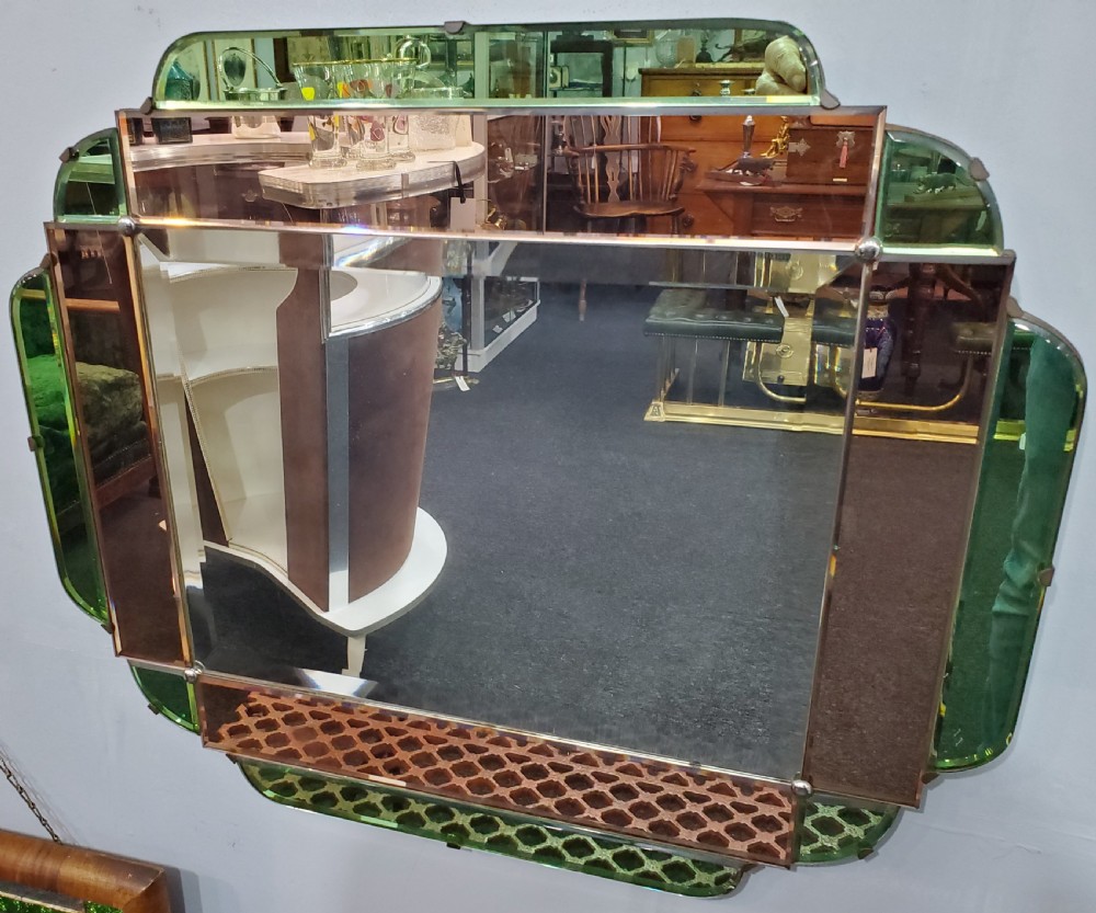 Art Deco Green and Peach Glass Mirror c1920s View III