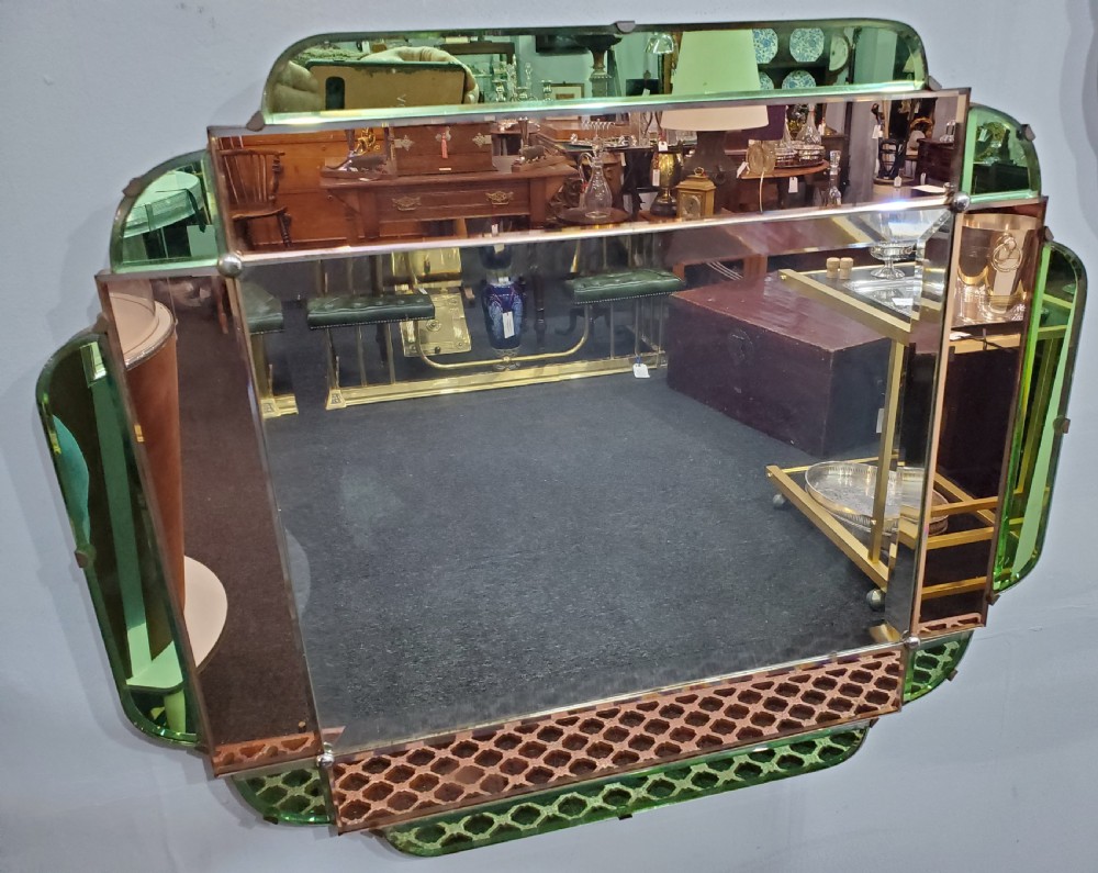 Art Deco Green and Peach Glass Mirror c1920s
