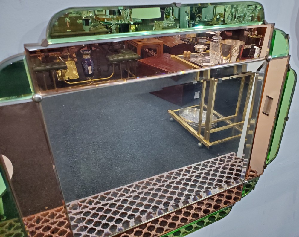 Art Deco Green and Peach Glass Mirror c1920s View V