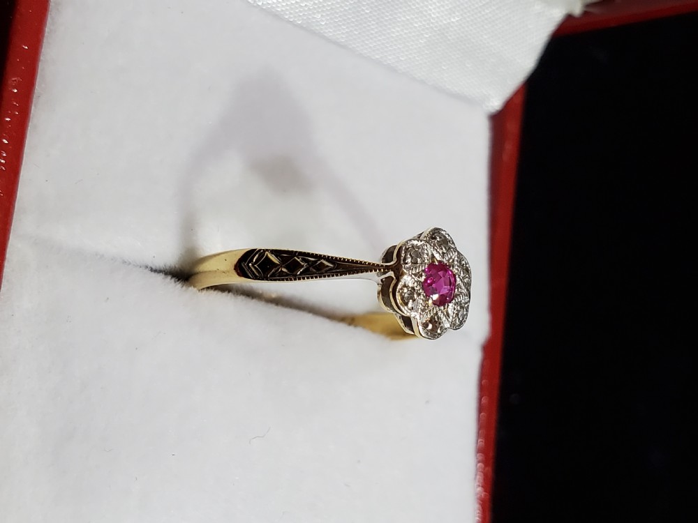 Art Deco 18ct Gold & Platinum Ruby Diamond Cluster Ring Size O c1920s View IV