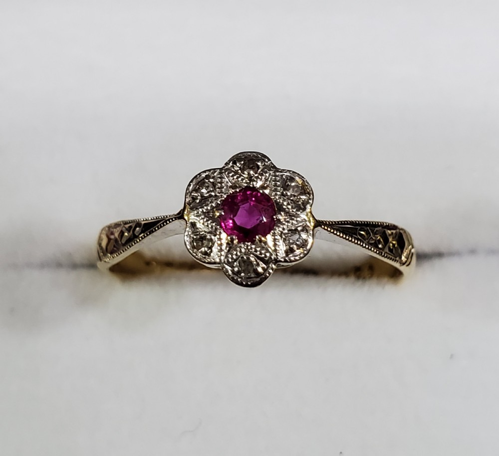 Art Deco 18ct Gold & Platinum Ruby Diamond Cluster Ring Size O c1920s View VI