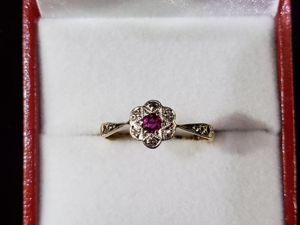 Art Deco 18ct Gold & Platinum Ruby Diamond Cluster Ring Size O c1920s View VII