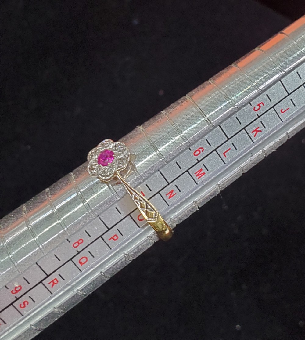 Art Deco 18ct Gold & Platinum Ruby Diamond Cluster Ring Size O c1920s View X