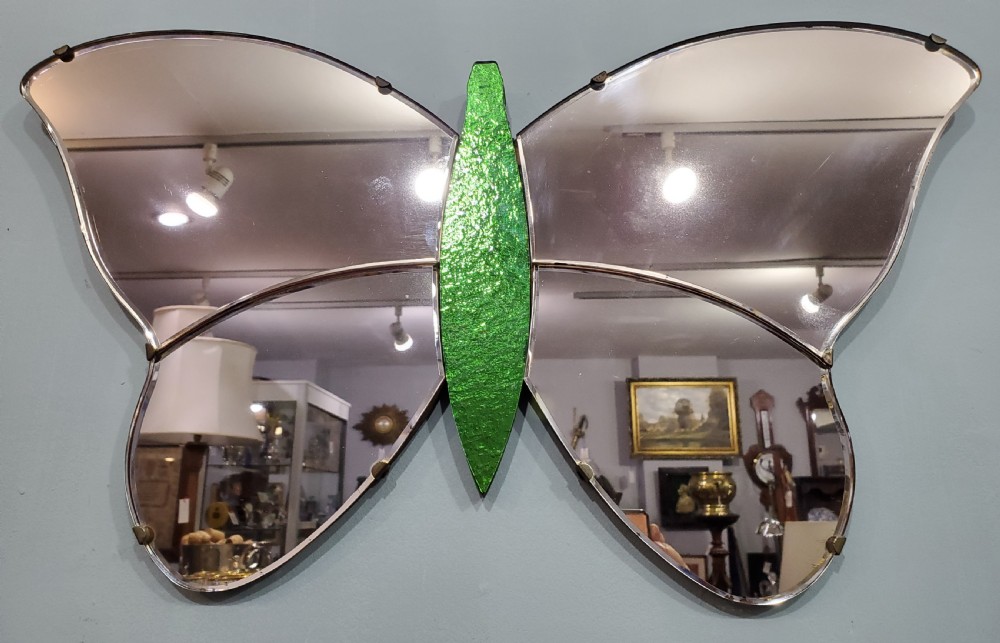 Art Deco Pink Rose & Green Glass Butterfly Mirror c1920s