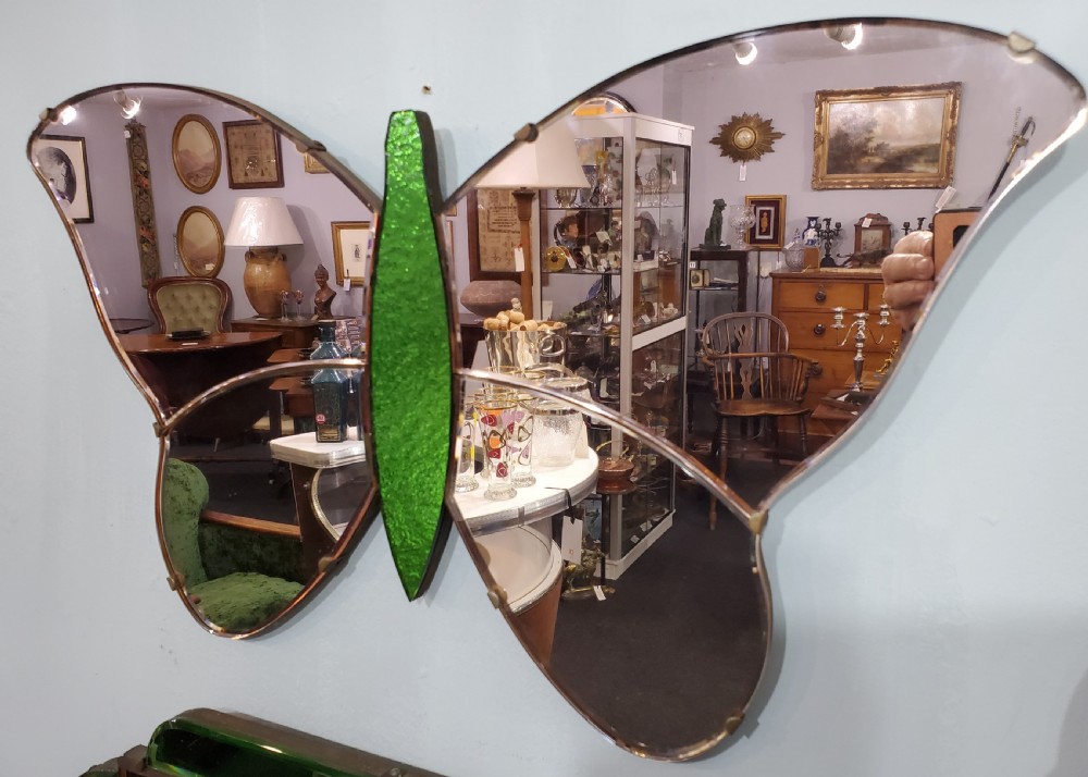 Art Deco Pink Rose & Green Glass Butterfly Mirror c1920s View II