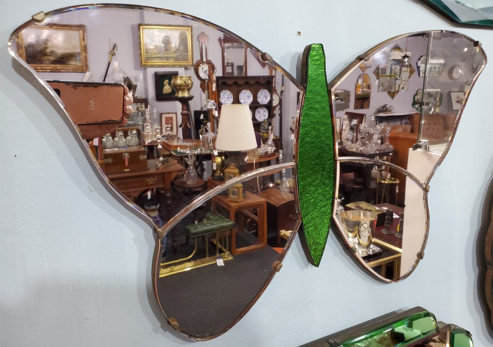 Art Deco Pink Rose & Green Glass Butterfly Mirror c1920s View III