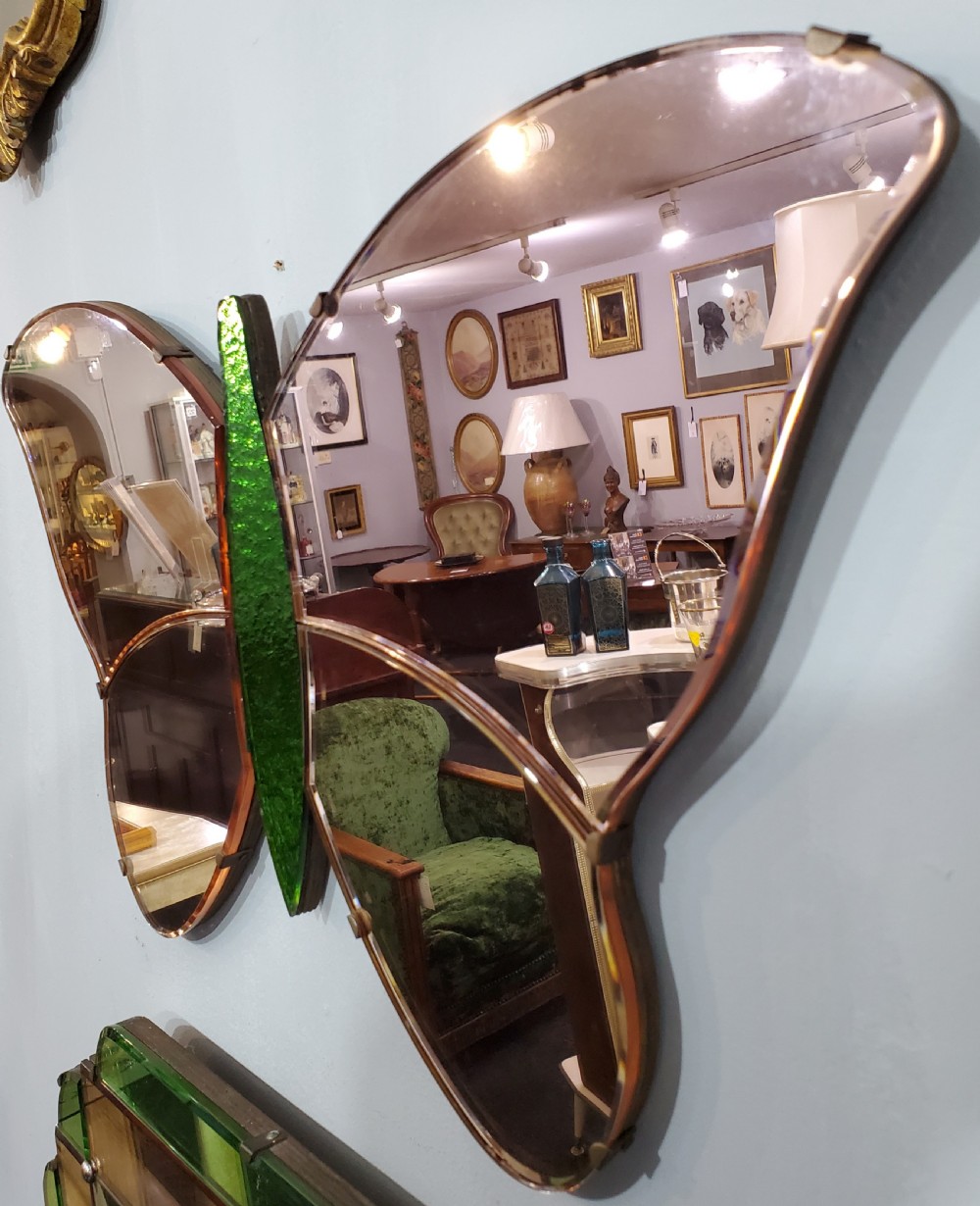 Art Deco Pink Rose & Green Glass Butterfly Mirror c1920s View IV