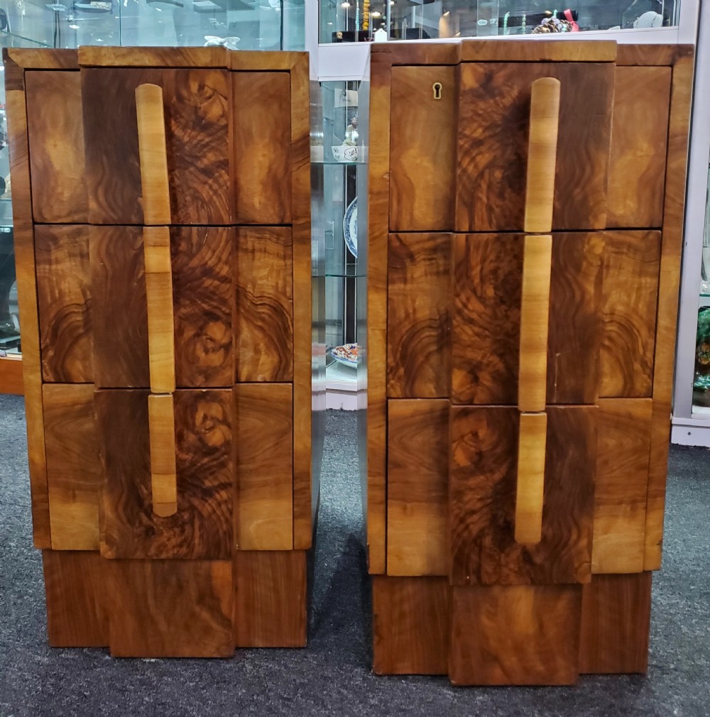 Pair of Art Deco Burr Walnut Bedside Cabinets c1920s View II