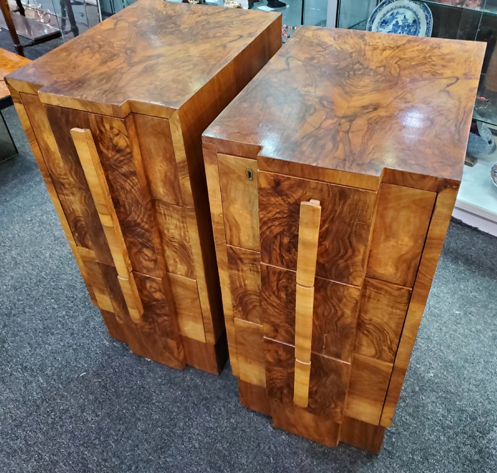 Pair of Art Deco Burr Walnut Bedside Cabinets c1920s View V