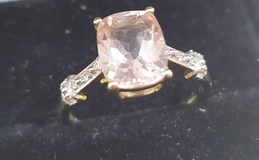 Cushion cut Morganite, 1.5ct, pavé diamond set shoulders, 9ct Gold Ring Size O. View VI