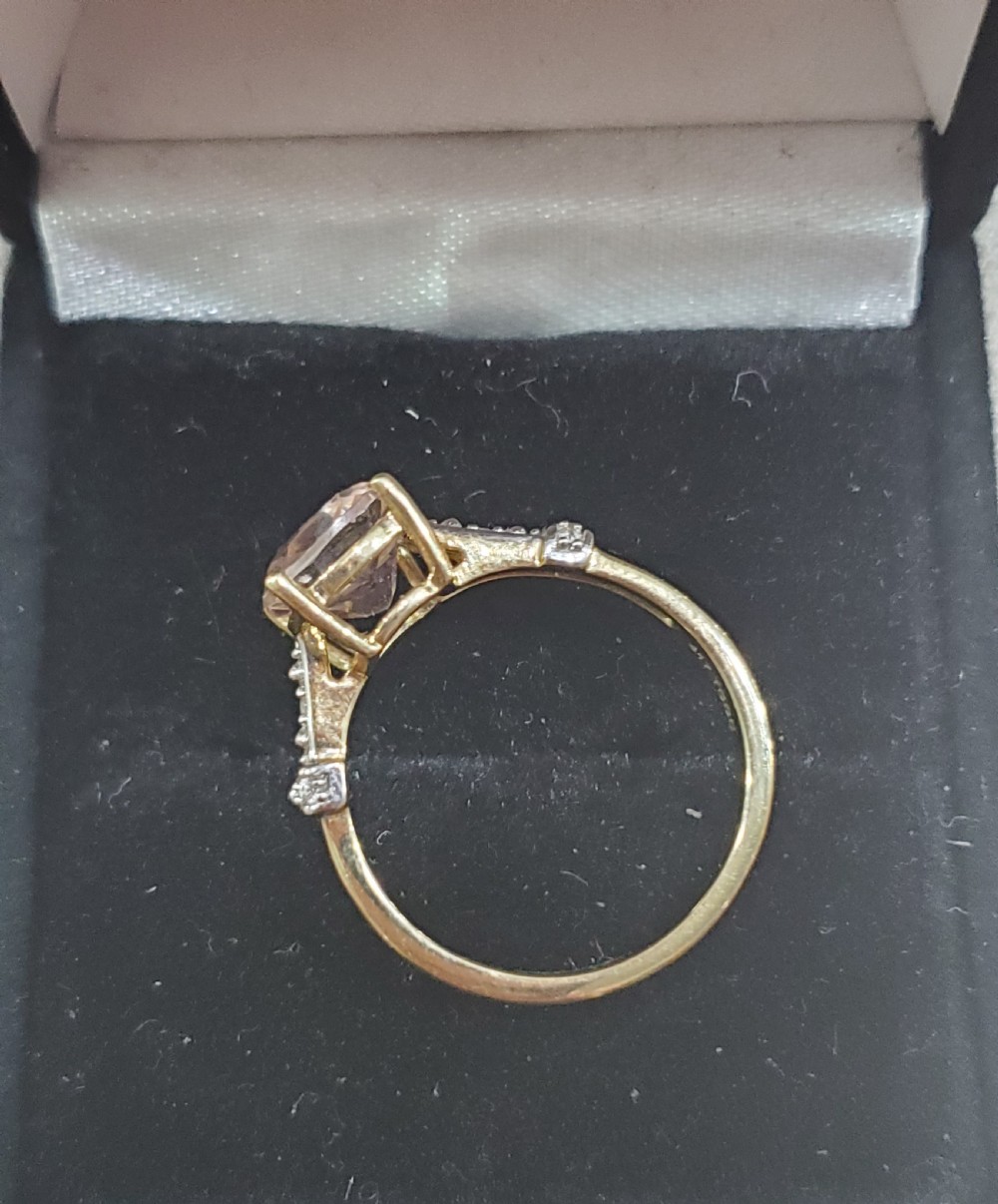 Cushion cut Morganite, 1.5ct, pavé diamond set shoulders, 9ct Gold Ring Size O. View VII