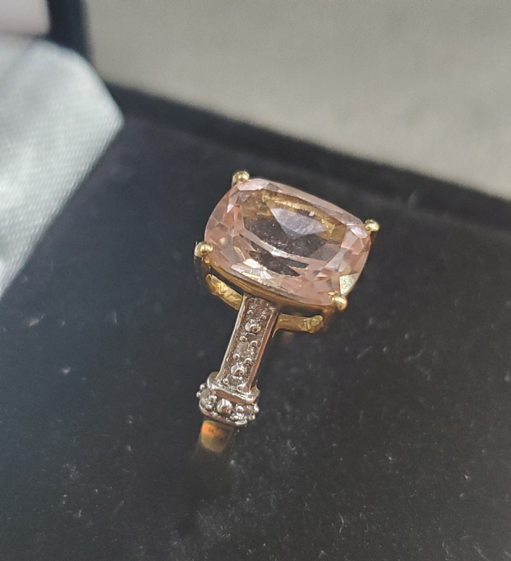 Cushion cut Morganite, 1.5ct, pavé diamond set shoulders, 9ct Gold Ring Size O. View VIII